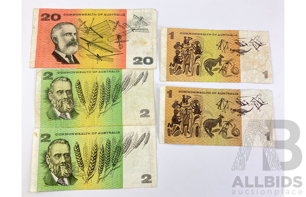 Australian COA Phillips/Randall Bank Notes Including 1968 Twenty Dollar R403 XEL, 1968 Two Dollar(2) R83, 1969 One Dollar(2) R73
