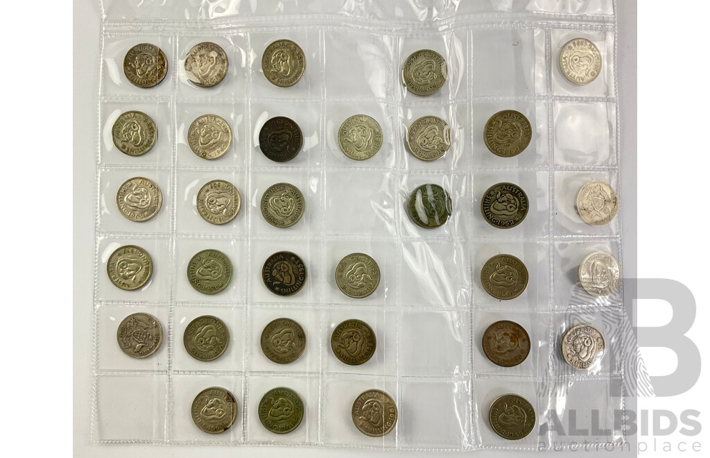 Collection of Australian Silver Shillings, Examples Spanning 1910 to 1957 .500 and .925