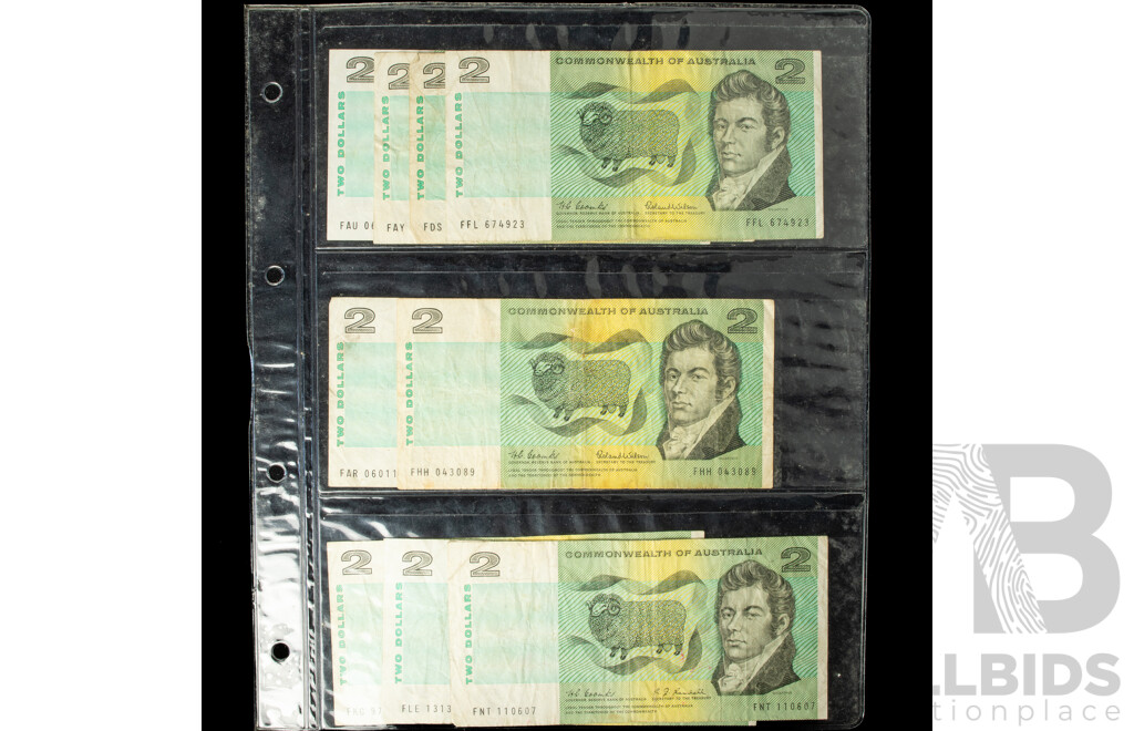 Nine Australian COA 1966 and 1967 Two Dollar Notes, Coombs/Wilson, Coombs/Randall R81, R82