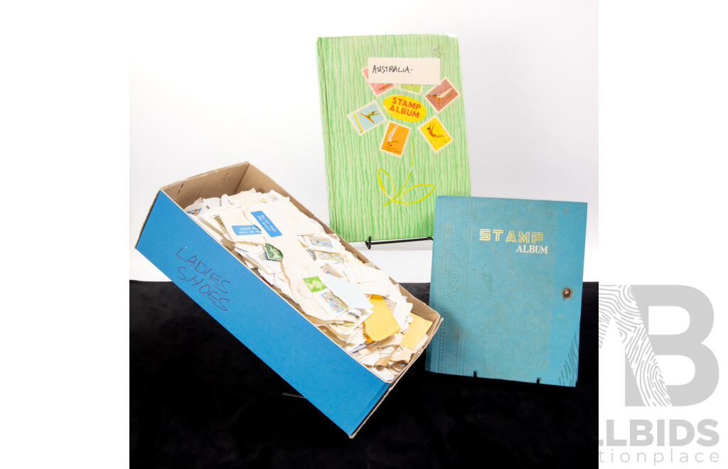 Two Albums of  Australian Stamps, Examples Spanning 1930's to 1980's with Shoe Box of Cancelled Stamps