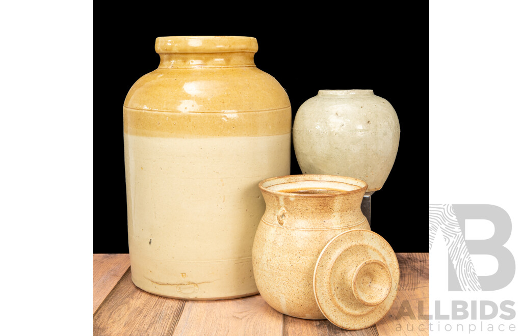 Salt Glazed Stoneware Bung Jar by Lambeth, London with Cannister and Vase