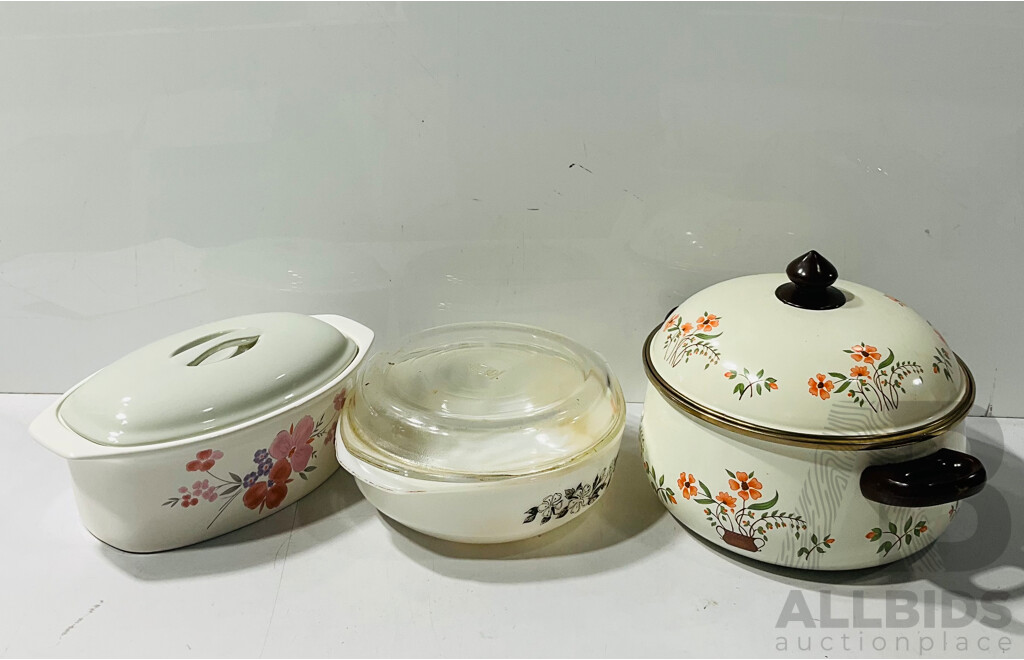 Collection Lidded Casserole Dishes Comprising Galeria Example in Box, Country Side Example and Crown Example with Lid