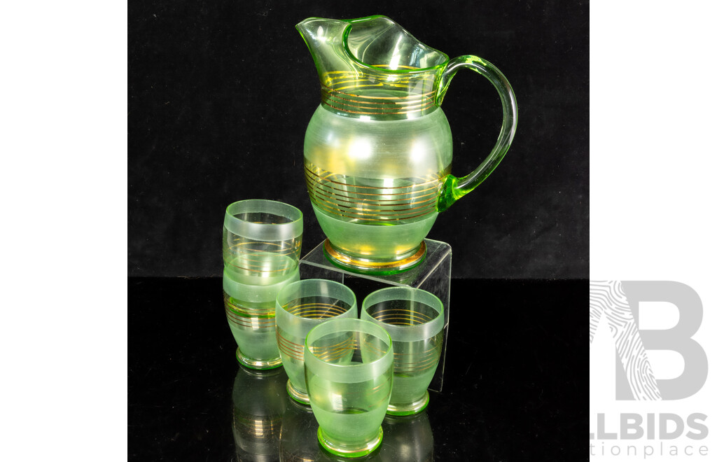 Vintage Venetian Glass Pitcher with Set Five Matching Tumblers in Green with Gold Trim