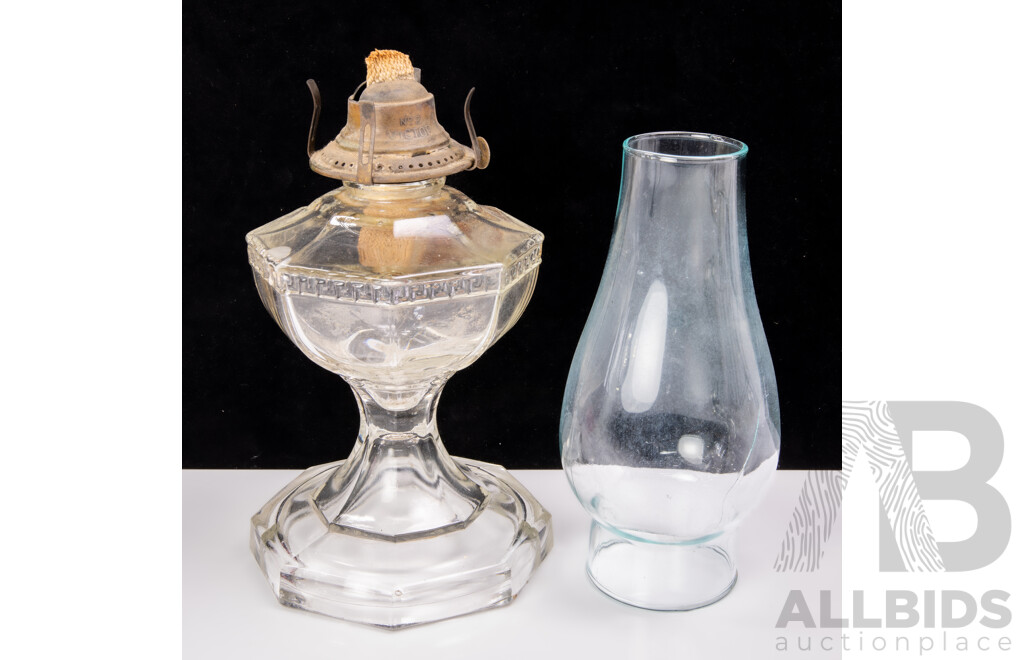 Antique Victor Number 2 Oil Lamp with Hexagonal Glass Font and Base with Greek Key Design & Glass Flue