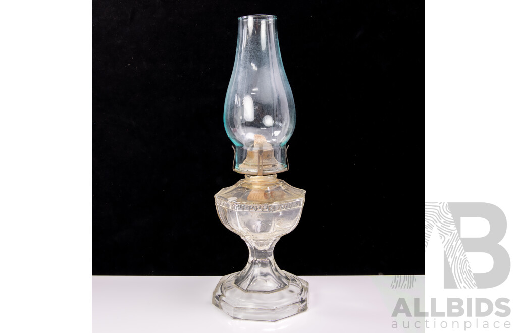 Antique Victor Number 2 Oil Lamp with Hexagonal Glass Font and Base with Greek Key Design & Glass Flue