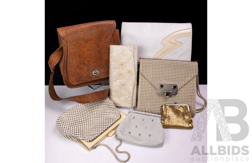 Collection Vintage Handbags Comprising Bambi White Leather, Cream Glomesh, Beige Glomesh Examples, Glomesh Gold Purse and More