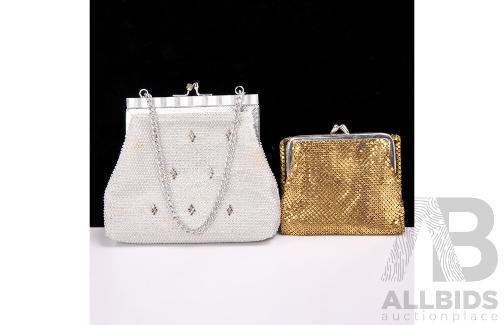 Collection Vintage Handbags Comprising Bambi White Leather, Cream Glomesh, Beige Glomesh Examples, Glomesh Gold Purse and More