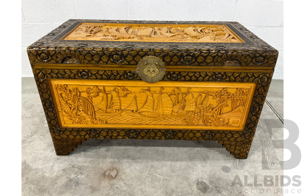Heavily Carved Two Tone Camphor Chest with Sailing Junks