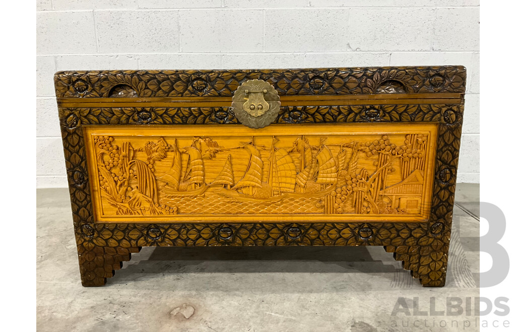 Heavily Carved Two Tone Camphor Chest with Sailing Junks