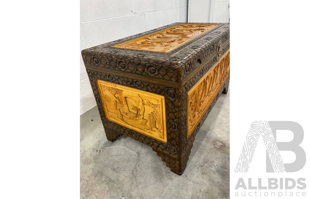 Heavily Carved Two Tone Camphor Chest with Sailing Junks
