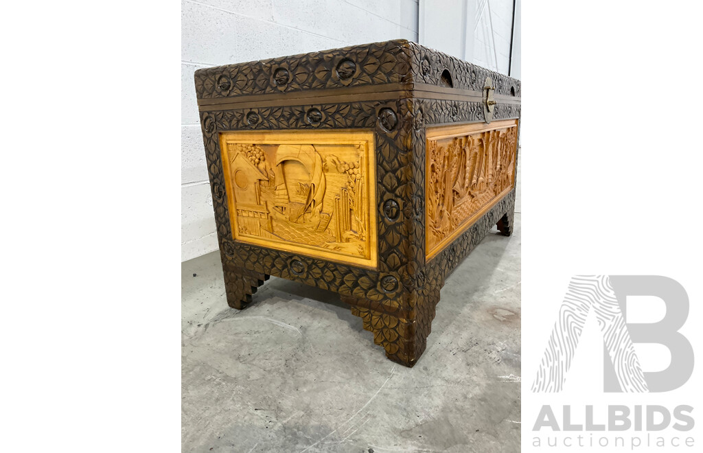 Heavily Carved Two Tone Camphor Chest with Sailing Junks