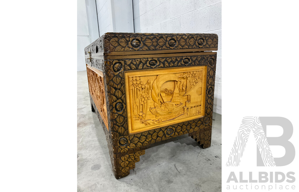 Heavily Carved Two Tone Camphor Chest with Sailing Junks