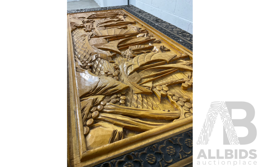 Heavily Carved Two Tone Camphor Chest with Sailing Junks