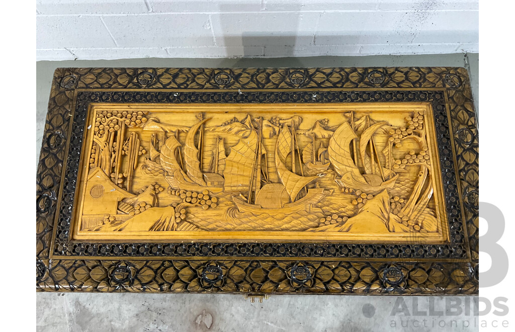 Heavily Carved Two Tone Camphor Chest with Sailing Junks
