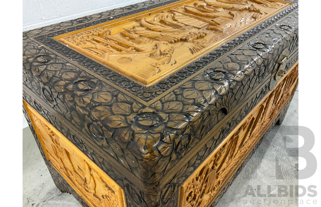 Heavily Carved Two Tone Camphor Chest with Sailing Junks