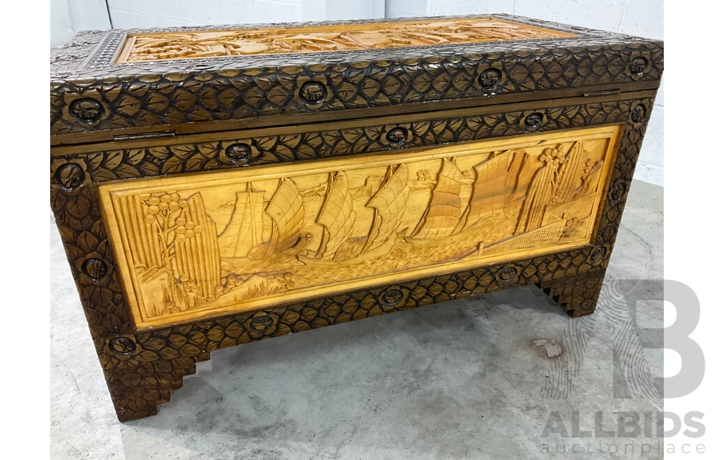 Heavily Carved Two Tone Camphor Chest with Sailing Junks