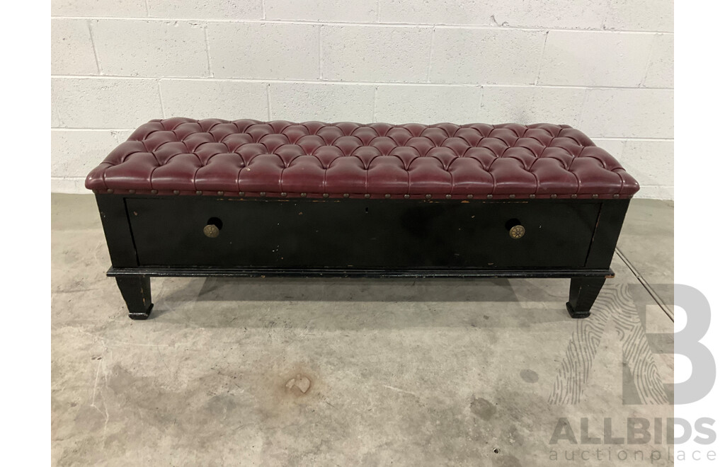 Lacquer Painted Arts and Crafts Buttoned Window Seat with Drawer Below