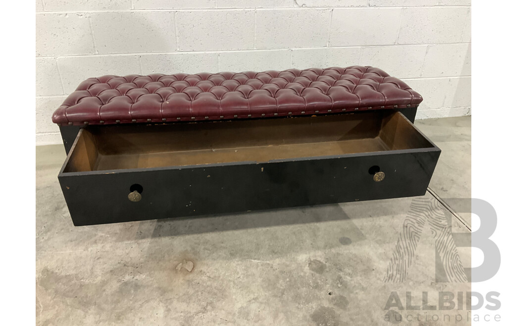 Lacquer Painted Arts and Crafts Buttoned Window Seat with Drawer Below