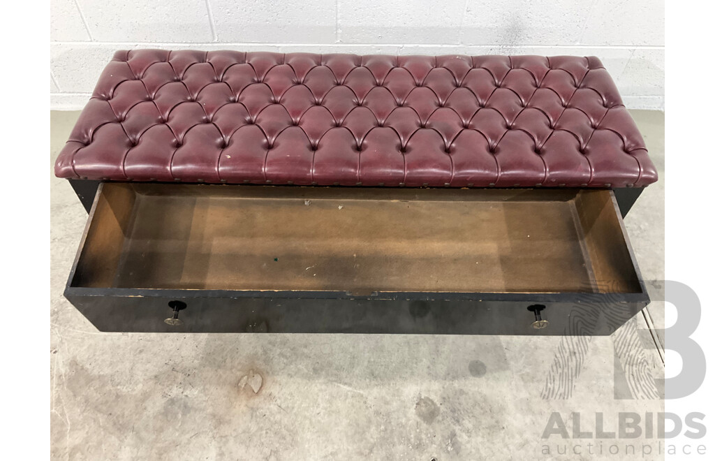 Lacquer Painted Arts and Crafts Buttoned Window Seat with Drawer Below