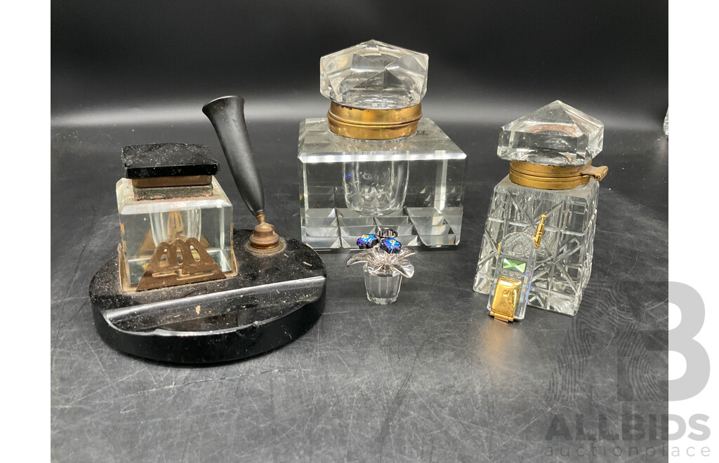 Antique Brass and Glass Inkwell and Pen Rest, Swarovski Happy Glower Crystal Figurine and Mobile Figurine - Lot of 5