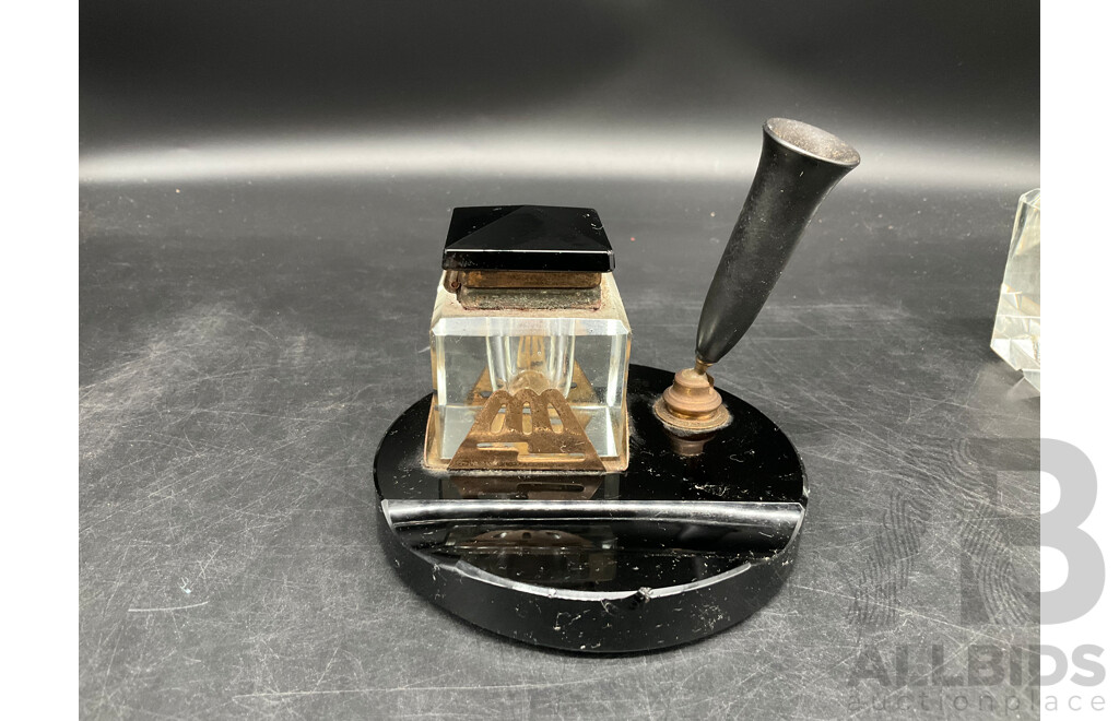 Antique Brass and Glass Inkwell and Pen Rest, Swarovski Happy Glower Crystal Figurine and Mobile Figurine - Lot of 5