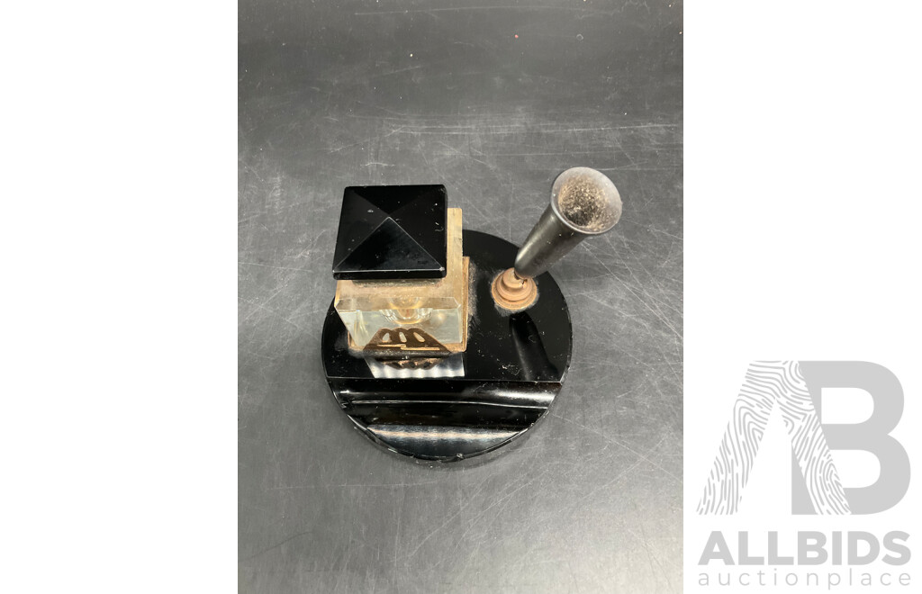 Antique Brass and Glass Inkwell and Pen Rest, Swarovski Happy Glower Crystal Figurine and Mobile Figurine - Lot of 5