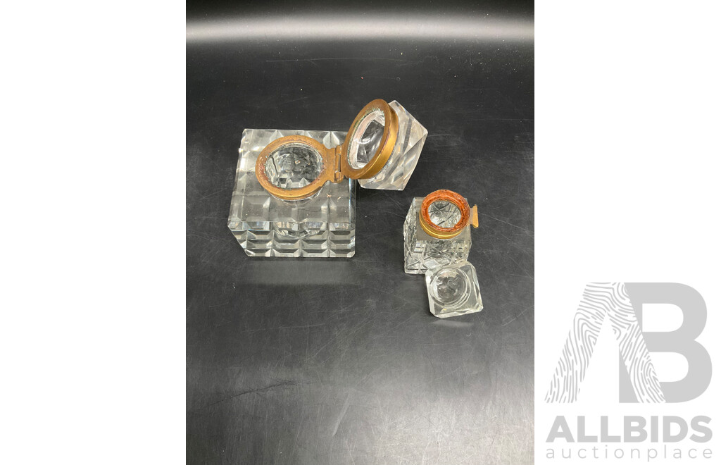 Antique Brass and Glass Inkwell and Pen Rest, Swarovski Happy Glower Crystal Figurine and Mobile Figurine - Lot of 5