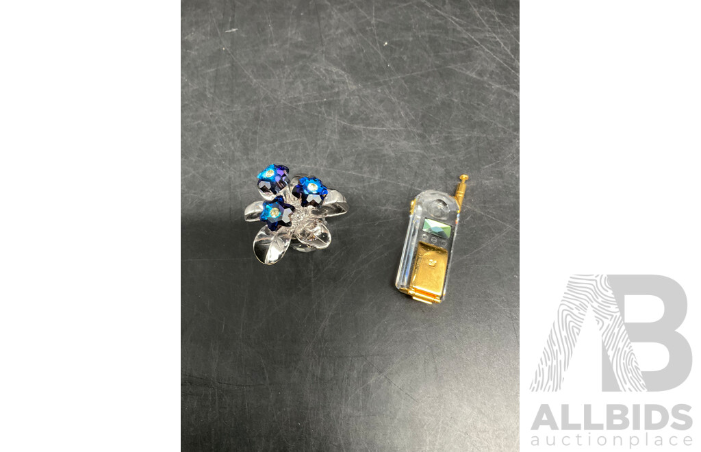 Antique Brass and Glass Inkwell and Pen Rest, Swarovski Happy Glower Crystal Figurine and Mobile Figurine - Lot of 5