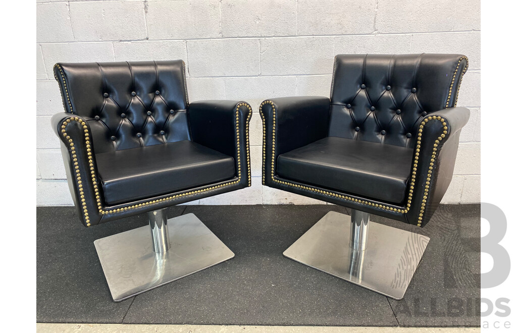 Pair of Studded Buttonback Gaslift Armchairs