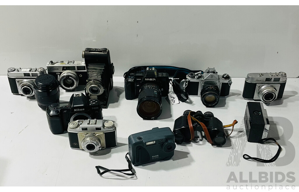 Collection of Vintage Cameras Including Nikon F-801s, Minolta 7000 and More