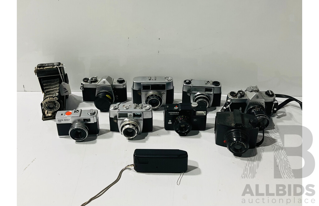 Collection of Vintage Cameras Including Asahi Pentax Spotmatic, AGGA Isoly 100 and More