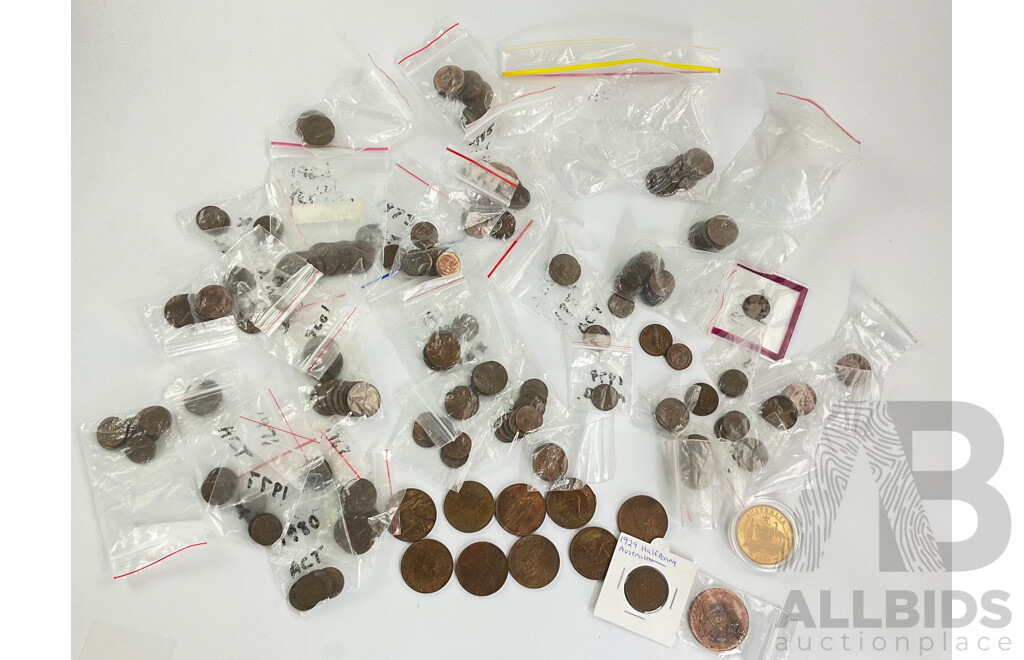 Collection of Australian Copper Coins Including One and Two Cents Spanning 1966 to 1985, Pennies, Half Penny, Commemorative Coins