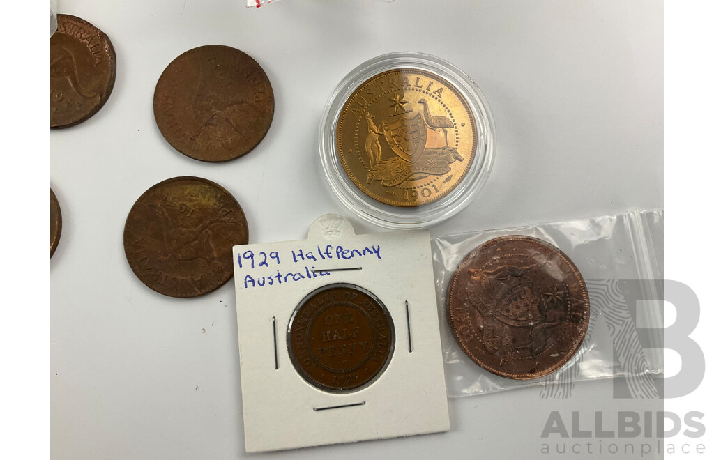 Collection of Australian Copper Coins Including One and Two Cents Spanning 1966 to 1985, Pennies, Half Penny, Commemorative Coins