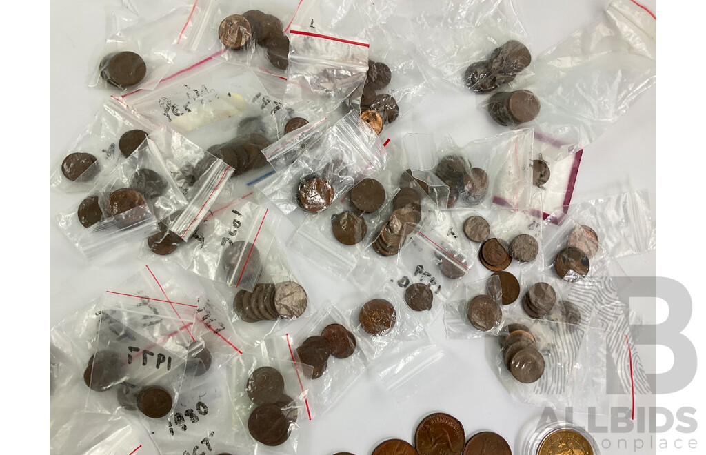 Collection of Australian Copper Coins Including One and Two Cents Spanning 1966 to 1985, Pennies, Half Penny, Commemorative Coins