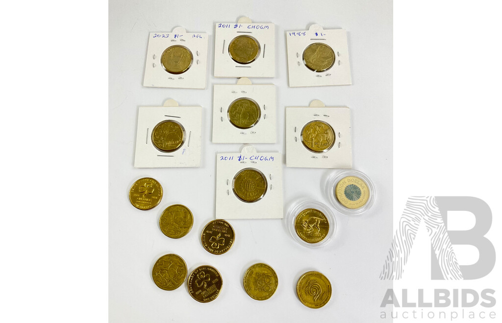 Thirty Six Australian One Dollar Coins Including Tails to Tails Mystery Coin Roll, 2022 Dinosaurs, 2011 CHOGM, 1988 Aboriginal Kangaroo, 2023 AFL, 2014 ANZAC, 1999 Year of Older Person, 2010 Girl Guides, 2021 Donation Dollar