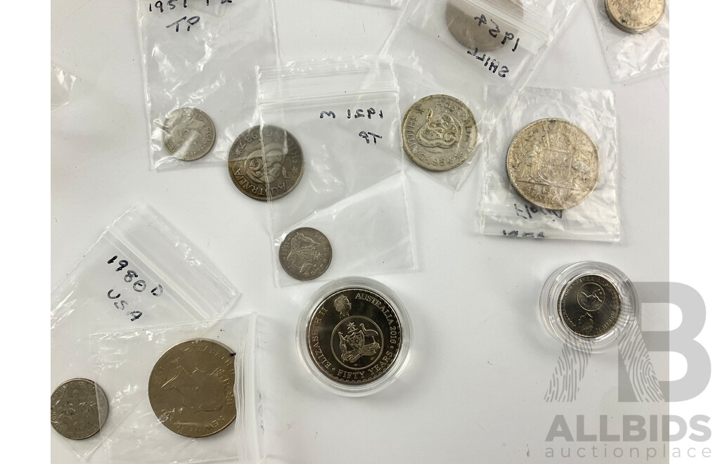 Collection of Collectable Coins Including Australian Silver Predecimal, 2016 Twenty and Five Cents 50 Years Decimal Currency, 2013 Twenty Cent Canberra Centenary, Ancient Roman Coin and More