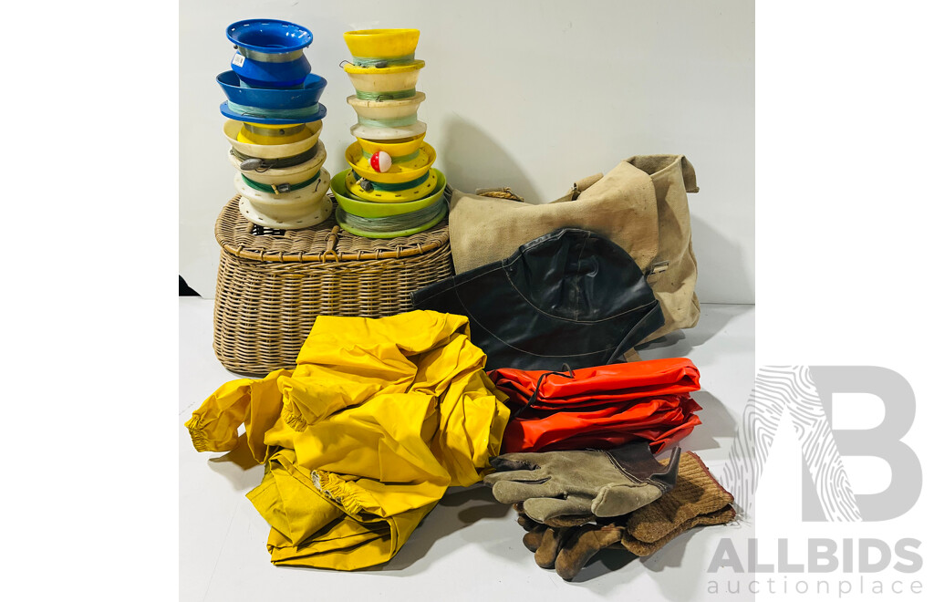 Collection of Vintage Fishing Equipment Including Collection of Hand Reels, Waterproofed Clothes and Hat and Pair of Wooden Fishing Nets