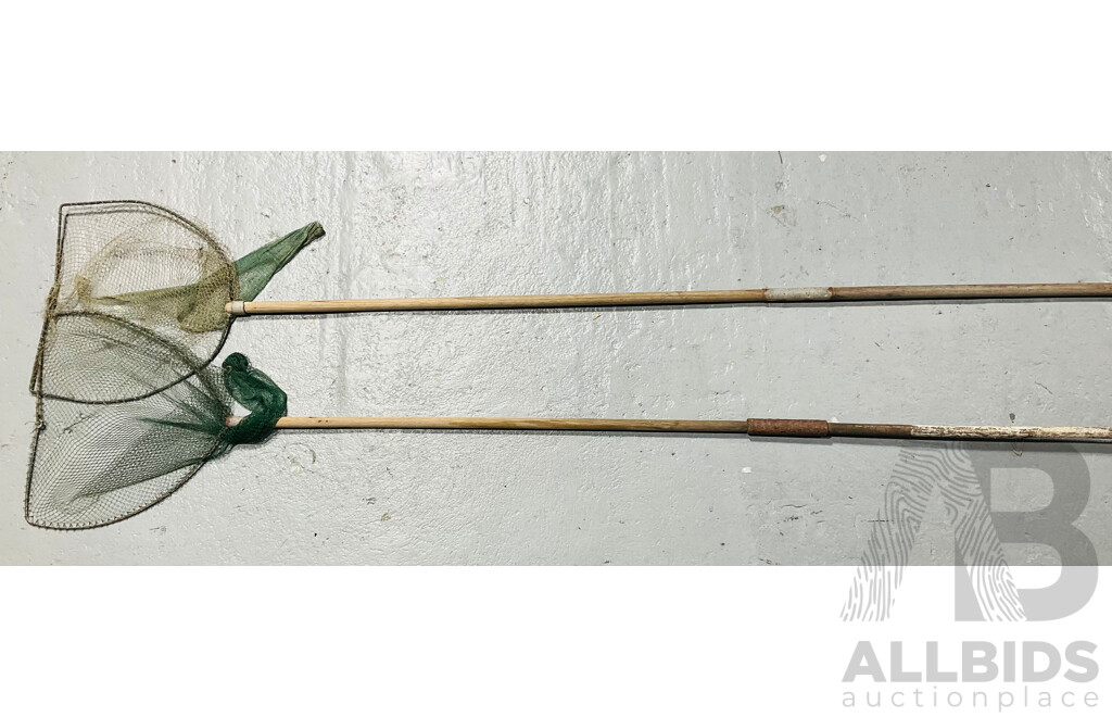 Collection of Vintage Fishing Equipment Including Collection of Hand Reels, Waterproofed Clothes and Hat and Pair of Wooden Fishing Nets