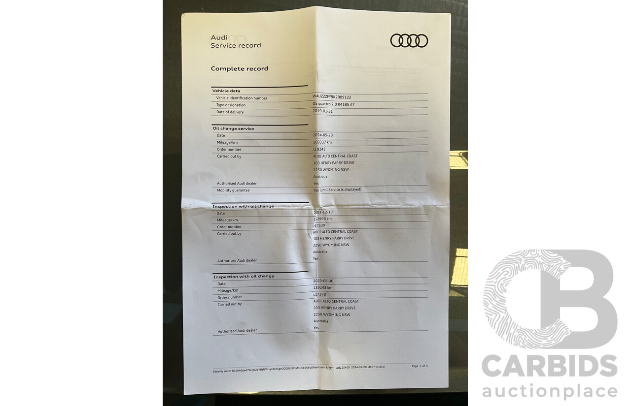 01/2019 Audi Q5 2.0 45 TFSI Quattro Sport (AWD) FY MY18 4d Wagon Monsoon Grey Metallic Turbo 2.0L