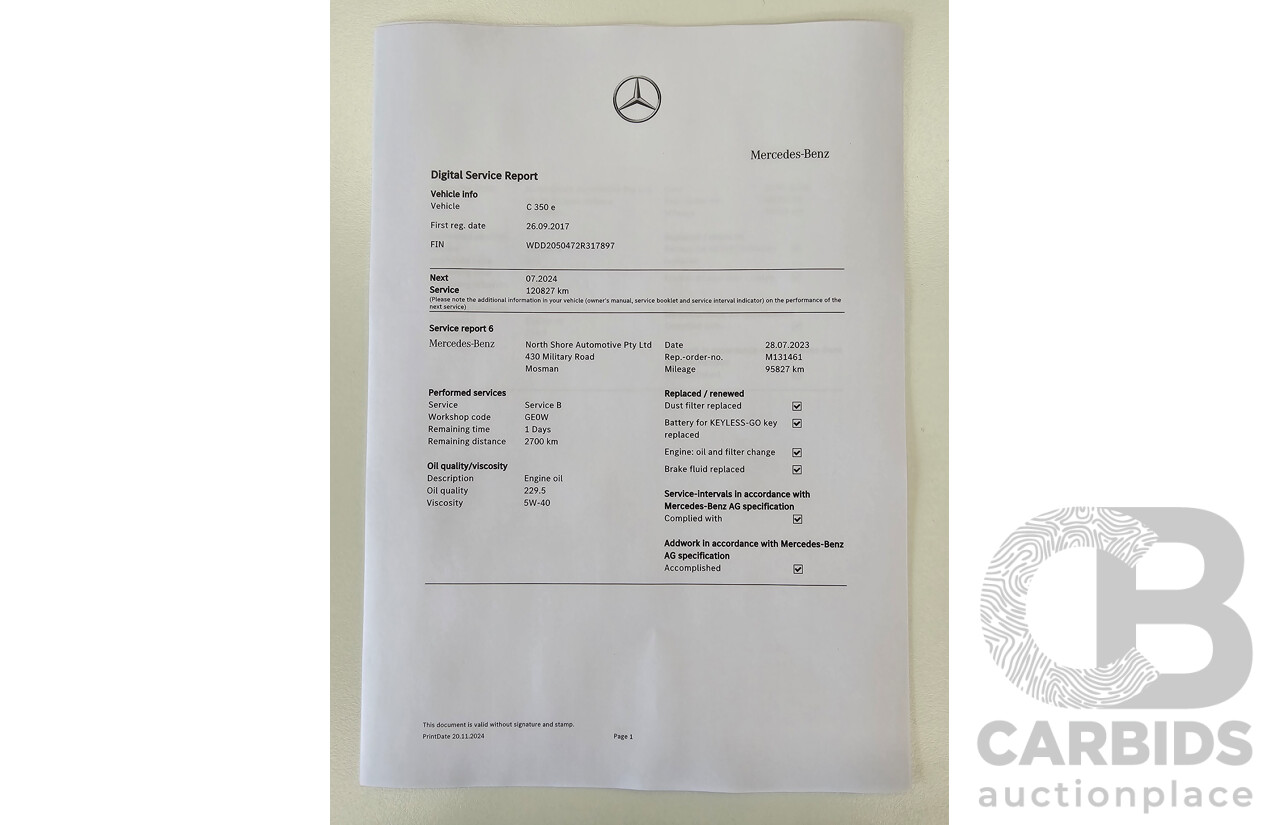 07/2017 Mercedes Benz C350e W205 MY18 4d Sedan Selenite Grey Metallic Turbo 2.0L / 60kw Hybrid