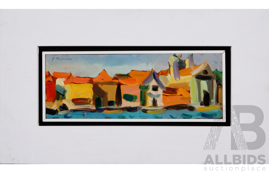 Roberto Ferruzzi, (20th Century, Italian, 1927-2010), Alle Zattere Venezia, [The Rafts, Venice], Oil on Wood Panel, 26.5 x 45.5 cm (frame)