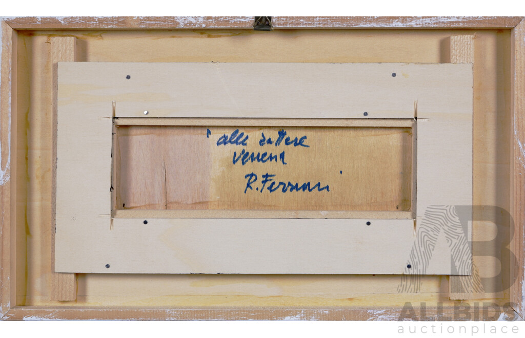Roberto Ferruzzi, (20th Century, Italian, 1927-2010), Alle Zattere Venezia, [The Rafts, Venice], Oil on Wood Panel, 26.5 x 45.5 cm (frame)