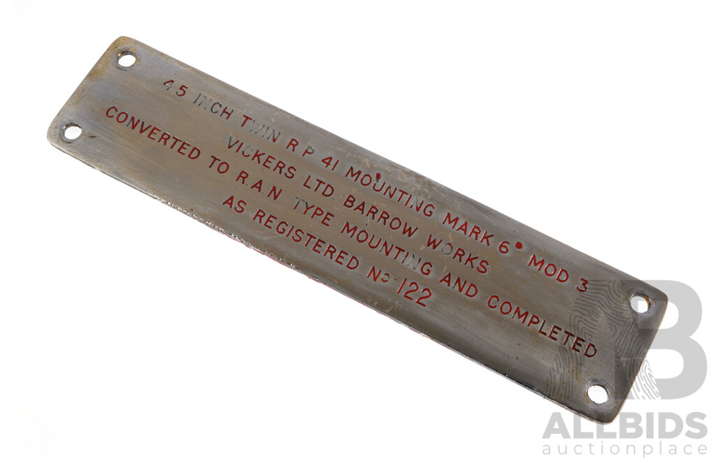 Vintage Maritime Maritime Vickers LTD Barrow in Furness Works, Alfa Gun Turret , HMAS VAMPIRE DD11,Specifications Plaque
