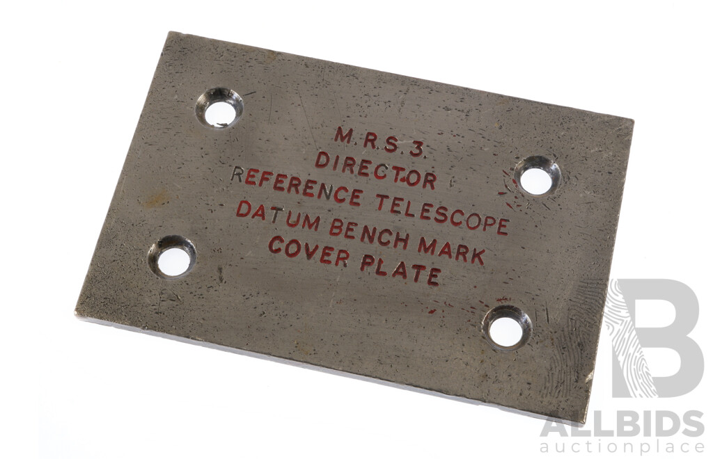 Vintage Maritime M.R.S.3 Director Reference Telescope Datum Bench Mark Cover Plate, HMAS PARRAMATTA DE46