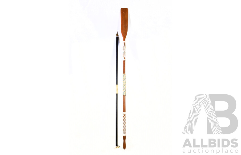 RAN Ceremonial Wooden Paddle with Grafted Ornamental Rope Work Detail Along with Ensign Flagstaff with Brass Ends