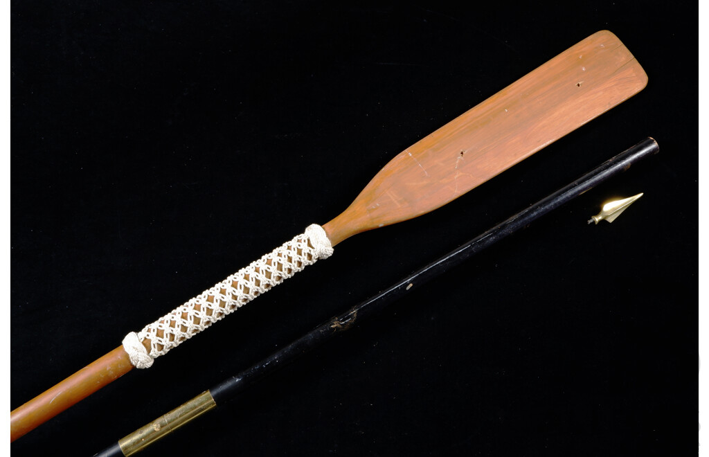RAN Ceremonial Wooden Paddle with Grafted Ornamental Rope Work Detail Along with Ensign Flagstaff with Brass Ends