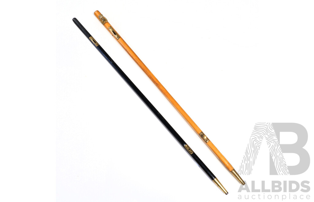 Two RAN Bosuns Mate or Regimental Sergent Major Wooden Pace Sticks with Brass Mounts