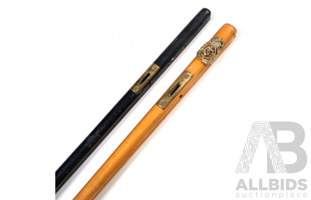 Two RAN Bosuns Mate or Regimental Sergent Major Wooden Pace Sticks with Brass Mounts