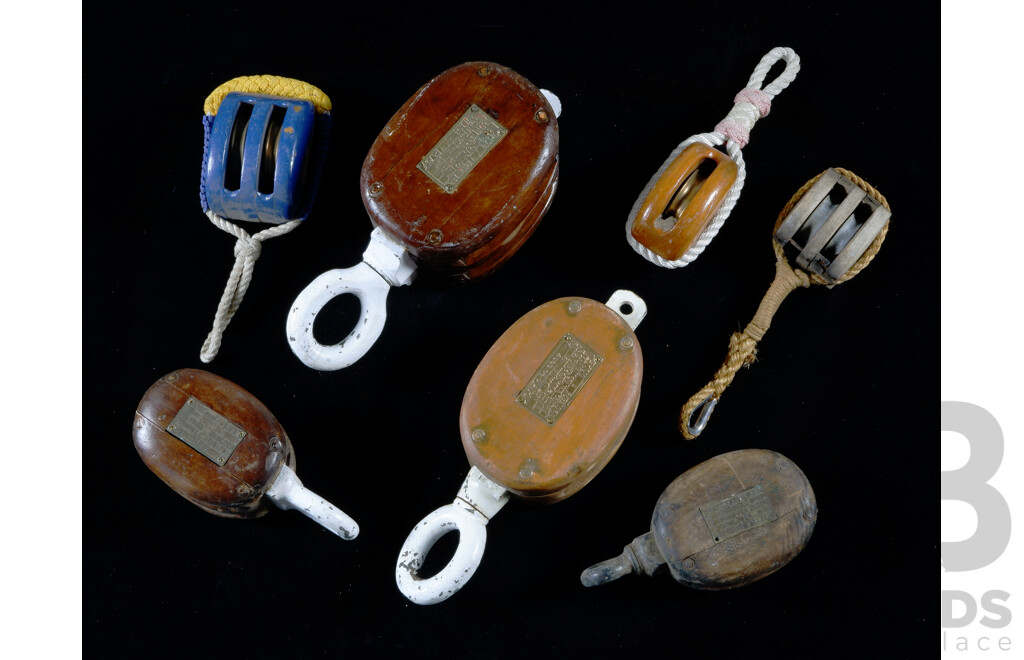 Collection Seven Vintage Wood and Brass Blocks, Reeve Various Weights