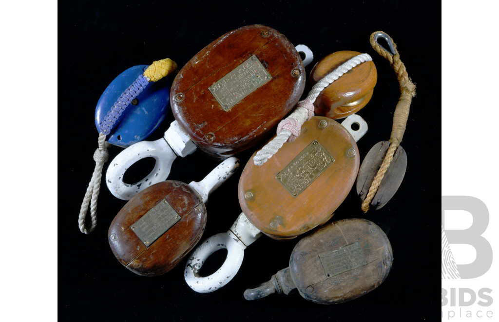 Collection Seven Vintage Wood and Brass Blocks, Reeve Various Weights